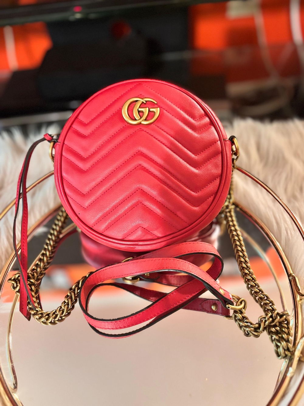 Gucci Red Quilted GG Round Crossbody Bag with Gold Hardware